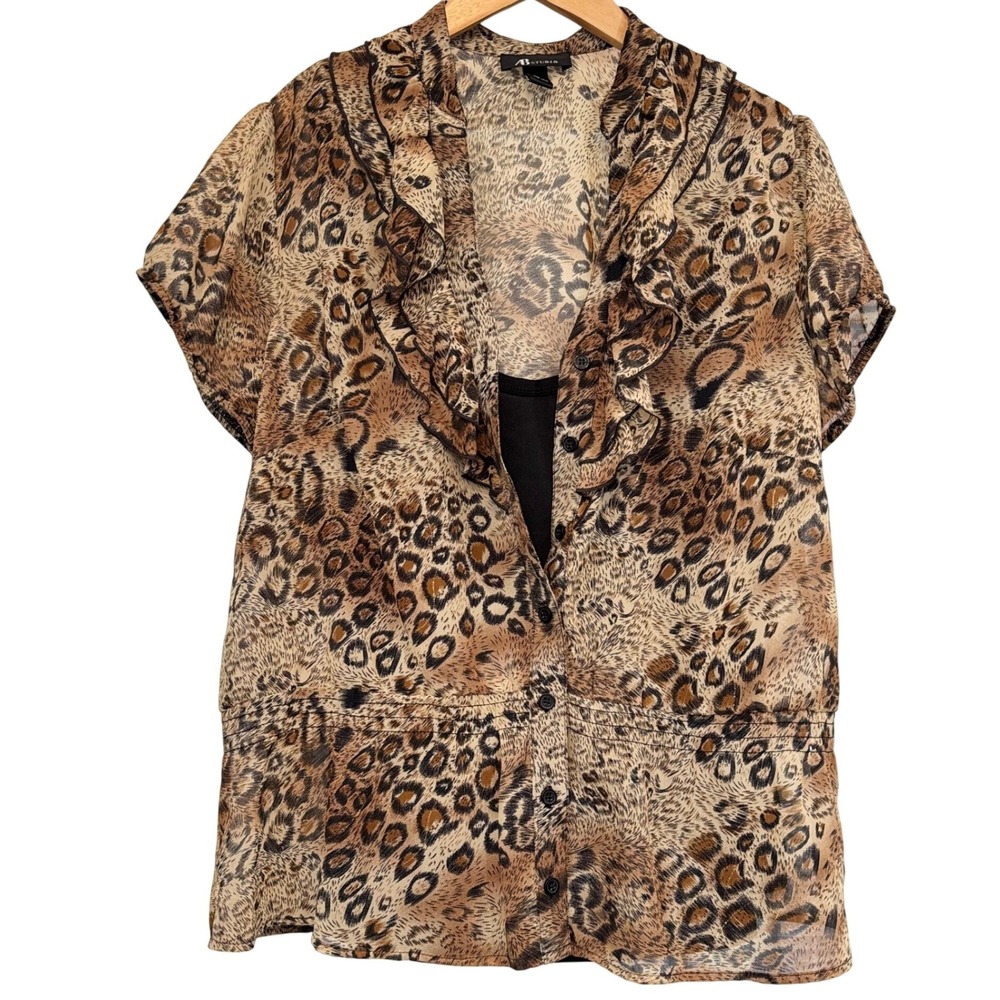 Y2K AB Studio Womens XL Leopard Print Ruffle V-Neck Blouse Metallic Gold Accents